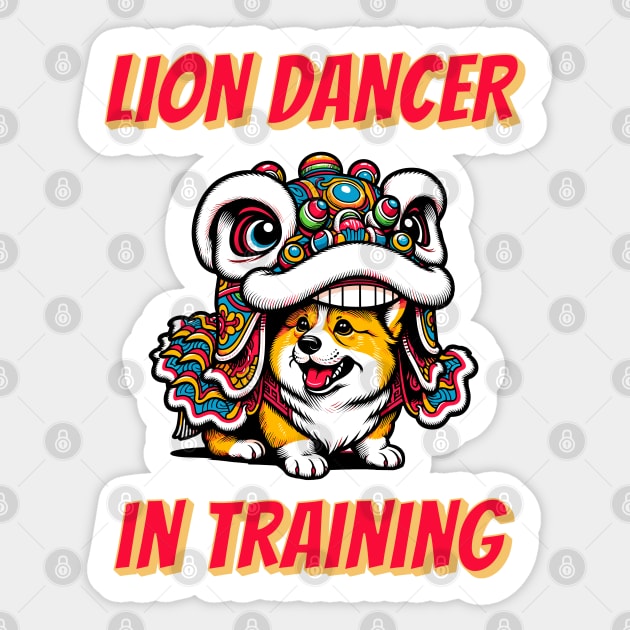 Corgi Lion Dancer in Training for Chinese New Year 2024 Sticker by Half Sugar Boba